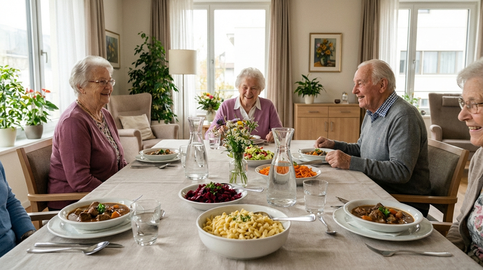 Ein stilvoll gedeckter Esstisch in einer Senioreneinrichtung mit frischem, warmem Mittagessen, bunten Salaten und Wassergläsern. Gemütliche, sehr saubere Atmosphäre, weiches Tageslicht.