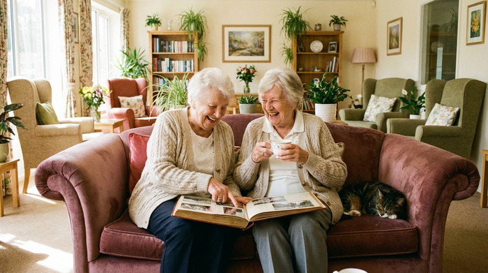 Zwei ältere Damen sitzen fröhlich zusammen auf einer bequemen Couch in einem hellen Aufenthaltsraum, schauen sich gemeinsam ein Fotoalbum an und lächeln. Warme, einladende und harmonische Umgebung.