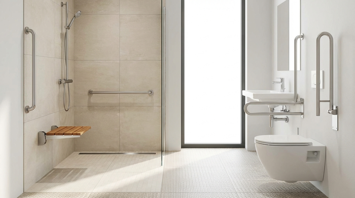 Ein modernes, komplett barrierefreies Badezimmer mit einer ebenerdigen Dusche, stabilen Haltegriffen an den Wänden und einem klappbaren Duschsitz. Helle Fliesen, sauberes und sicheres Design.