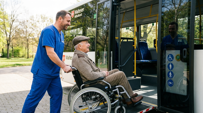 Ein professioneller Pfleger schiebt einen älteren Herrn in einem Rollstuhl sicher über eine Rampe in einen geräumigen Transportbus. Beide lächeln, die Atmosphäre ist entspannt und vertrauensvoll.