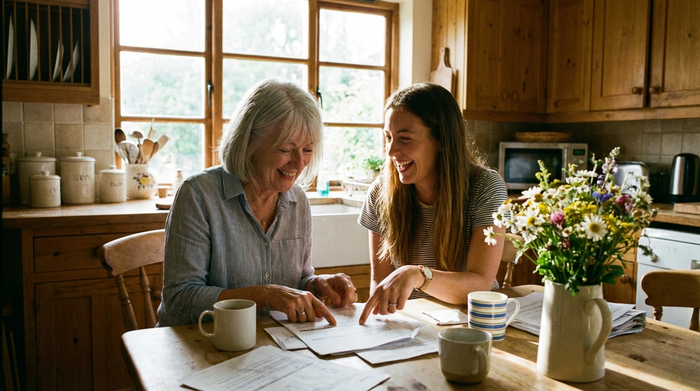 Eine ältere Dame sitzt am Küchentisch und bespricht gut gelaunt Dokumente mit ihrer Tochter. Auf dem Tisch stehen Kaffeetassen und frische Blumen, das Licht fällt warm durchs Fenster.