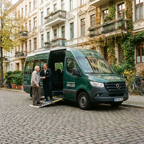 Ein moderner, rollstuhlgerechter Kleinbus parkt in einer gepflegten Wohnstraße vor einem Altbau. Ein freundlicher Fahrer hilft einem lächelnden älteren Herrn mit Gehstock sanft beim Einsteigen.