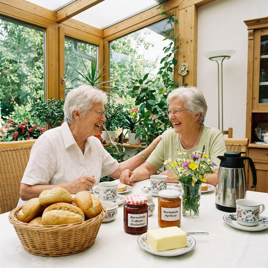 Ein liebevoll gedeckter Frühstückstisch mit frischen Brötchen, Kaffeetassen und Marmelade. Zwei ältere Damen sitzen lachend beisammen und genießen das gemeinsame Frühstück in heller Umgebung.