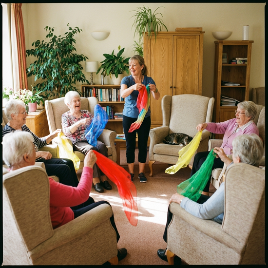 Eine kleine Gruppe von Senioren sitzt im Kreis auf bequemen Stühlen und macht leichte Gymnastikübungen mit bunten Tüchern. Eine motivierende Betreuerin macht die Übungen vor.