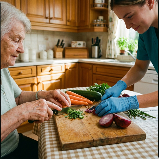 Ältere Hände, die gemeinsam mit einer Pflegekraft frisches Gemüse auf einem Holzbrett schneiden. Eine gemütliche, saubere Küche im Hintergrund vermittelt häusliche Geborgenheit.