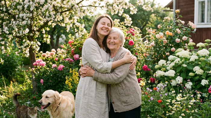 Eine entspannte Tochter umarmt ihre ältere Mutter liebevoll im Garten. Beide strahlen Zufriedenheit und tiefe Verbundenheit aus, umgeben von blühenden Blumen und warmem Sonnenlicht.