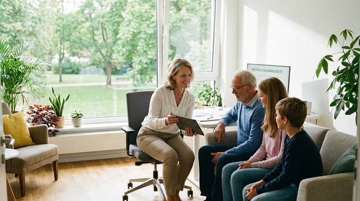 Ein freundliches Beratungsgespräch in einem hellen Büro. Eine engagierte Pflegeberaterin erklärt einer interessierten Familie mit älterem Vater geduldig die verschiedenen Betreuungsangebote.