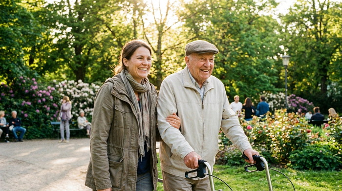 Eine sympathische Alltagsbegleiterin geht mit einem älteren Herrn mit Rollator an einem sonnigen Tag im Park spazieren. Grüne Bäume, entspannte und fröhliche Stimmung.