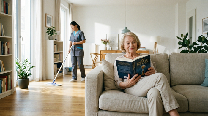 Eine ältere Dame sitzt entspannt auf einem Sofa und liest ein Buch, während im Hintergrund eine professionelle Reinigungskraft in moderner Arbeitskleidung leise den Boden wischt. Helles, sauberes Zimmer.
