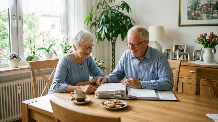 Ein älteres Ehepaar sitzt gemeinsam am Esstisch und schaut zufrieden auf einen übersichtlichen Ordner mit Dokumenten. Eine Tasse Kaffee steht auf dem Tisch, friedliche und organisierte Atmosphäre.