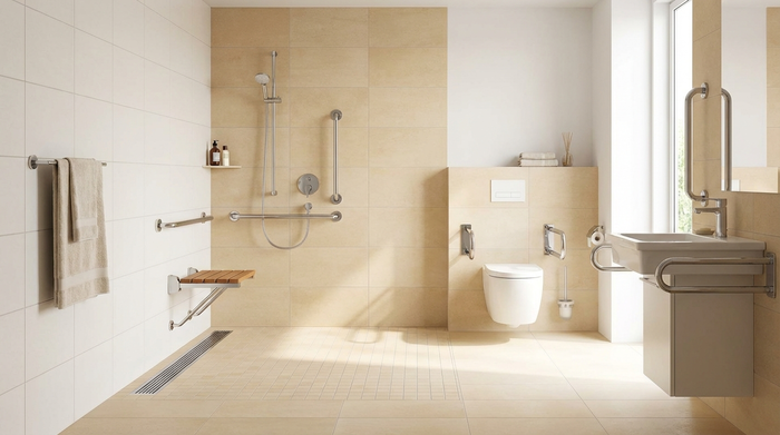 Ein modernes, altersgerechtes Badezimmer mit einer bodengleichen Dusche und Haltegriffen an den Wänden. Hell gefliest, sicher und einladend gestaltet, ohne Personen.