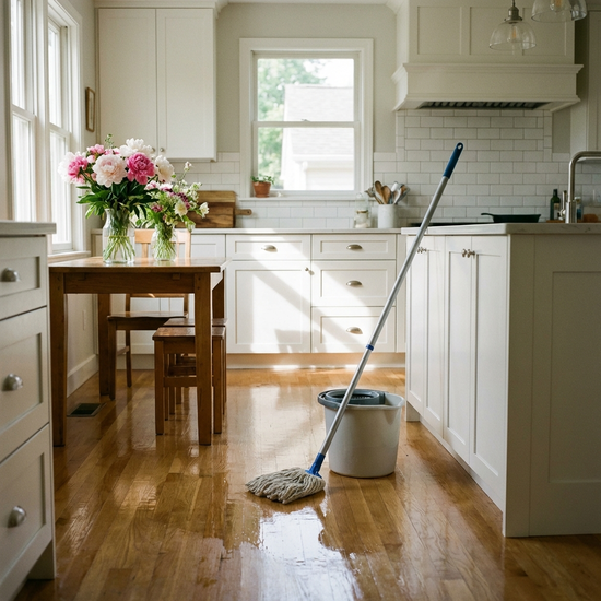 Eine ordentliche, gut beleuchtete Küche, in der gerade der Boden gewischt wurde. Im Hintergrund sieht man frische Blumen auf dem Esstisch. Helle, saubere und realistische Szene.
