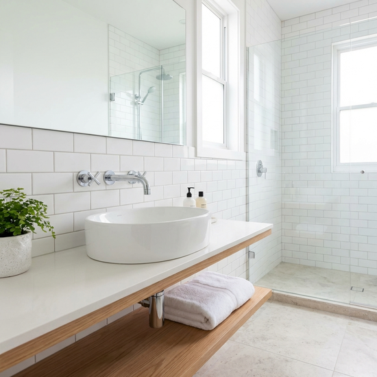 Ein glänzendes, frisch geputztes Badezimmer mit hellen Fliesen, einem sauberen Waschbecken und einem ordentlich gefalteten Handtuch auf einer Ablage.