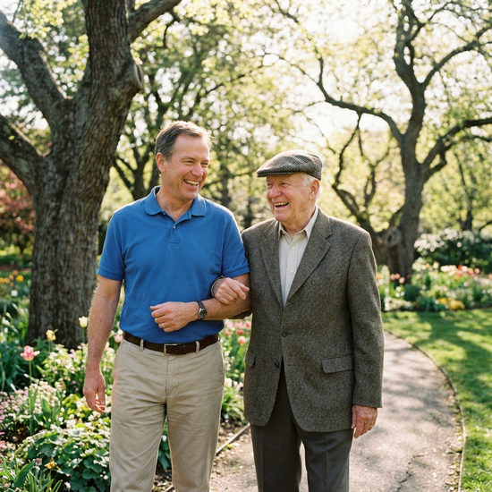 Ein freundlicher männlicher Seniorenassistent begleitet einen älteren Herrn beim Spaziergang durch einen grünen, gepflegten Park. Beide lächeln und genießen die Natur im Sonnenschein.