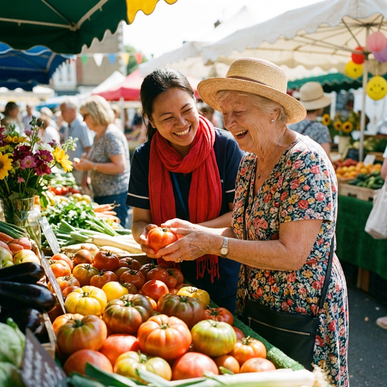 Eine Betreuungskraft und eine Seniorin stehen gemeinsam an einem Marktstand mit frischem Gemüse und suchen frische Tomaten aus. Helle, freundliche und lebhafte Atmosphäre.