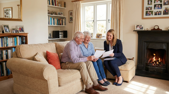 Ein älteres Ehepaar sitzt entspannt auf einem bequemen Sofa, während sie gemeinsam mit einer Beraterin Dokumente durchgehen. Ruhige, vertrauensvolle Stimmung in einem gemütlichen Wohnzimmer.