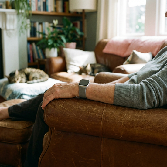 Ein moderner, unauffälliger Hausnotruf-Knopf am Handgelenk eines älteren Menschen, der entspannt in einem Sessel sitzt. Fokus auf das Handgelenk und die gemütliche Umgebung.