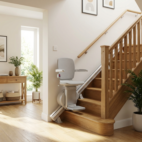 Ein moderner Treppenlift in einem gepflegten Einfamilienhaus, der sicher an einer Holztreppe installiert ist. Helle und einladende Umgebung.