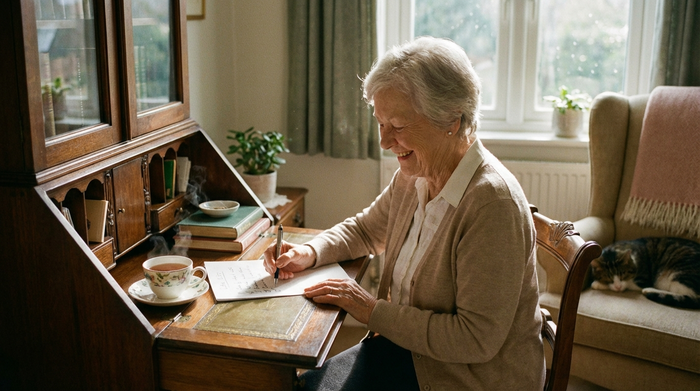 Eine ältere Dame hakt zufrieden mit einem Stift einen Punkt auf einer Liste ab. Sie sitzt an einem aufgeräumten Schreibtisch mit einer dampfenden Tasse Tee.