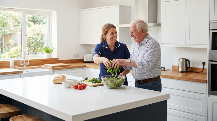 Eine engagierte Betreuungskraft hilft einem älteren Herrn beim gemeinsamen Zubereiten eines frischen Salats in einer modernen, sauberen Küche. Beide wirken entspannt und glücklich.