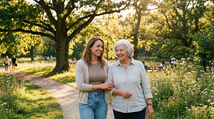 Zwei Personen, eine jüngere Pflegekraft und eine Seniorin, spazieren an einem sonnigen Nachmittag entspannt durch einen grünen Park mit alten Bäumen. Friedliche und harmonische Stimmung.