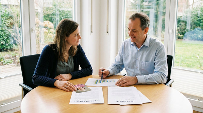 Eine erwachsene Tochter und ein Berater sitzen mit Dokumenten an einem runden Holztisch in einem hellen Büro und besprechen ruhig die Pflegeplanung. Konzentrierte, vertrauensvolle Atmosphäre.