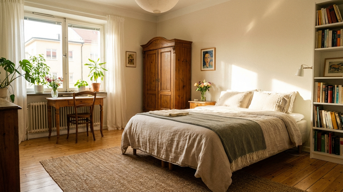 Ein freundlich eingerichtetes, helles Gästezimmer mit einem bequemen Bett, einem Holzschrank und einem kleinen Schreibtisch am Fenster. Sauber, aufgeräumt und einladend.