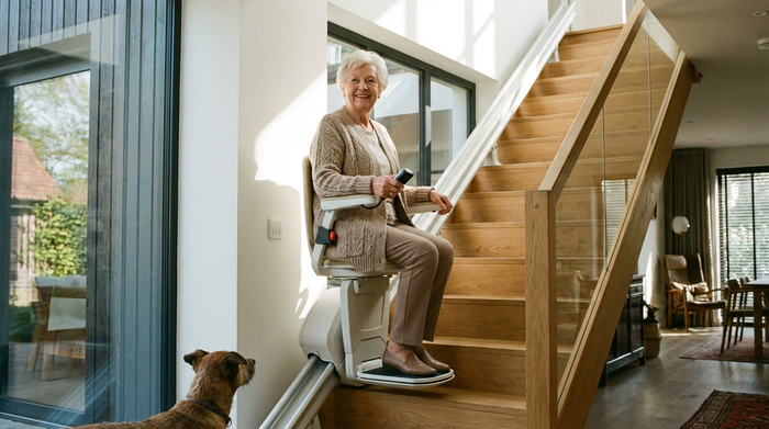 Ein moderner, sicherer Treppenlift in einem gepflegten Einfamilienhaus. Eine ältere Dame fährt entspannt und sicher die gut beleuchtete Holztreppe hinauf.