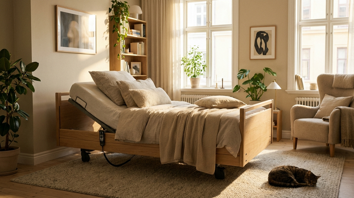 Ein modernes, elektrisch verstellbares Pflegebett aus hellem Holz steht in einem gemütlichen, sonnendurchfluteten Schlafzimmer. Das Bett ist ordentlich gemacht, mit kuscheligen Kissen dekoriert und fügt sich harmonisch in die wohnliche Umgebung ein, ganz ohne sterile Krankenhausatmosphäre.