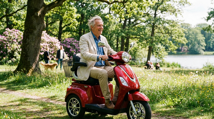 Ein rüstiger Senior fährt an einem sonnigen Tag mit einem eleganten, roten Elektromobil durch eine grüne Parkanlage. Er trägt eine leichte Jacke und lächelt zufrieden, während er die frische Luft und seine unabhängige Mobilität genießt.