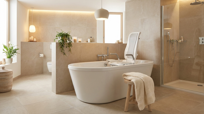 Ein helles, modernes Badezimmer mit rutschfesten, beigen Fliesen. In der weißen Badewanne ist ein ergonomischer, sicherer Badewannenlift installiert. Ein flauschiges Handtuch liegt griffbereit auf einem Hocker, und das sanfte Licht sorgt für eine entspannende Wellness-Atmosphäre.