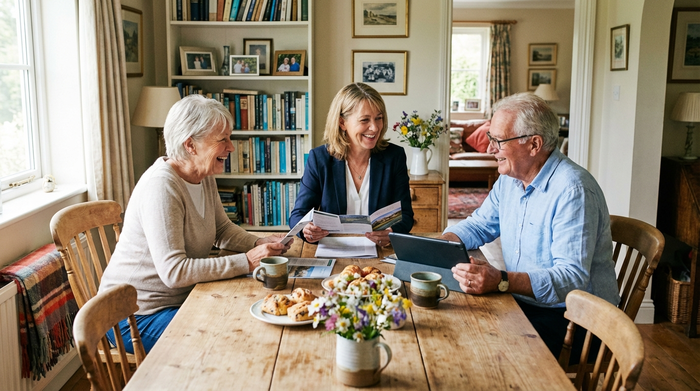 Eine freundliche, professionelle Beraterin sitzt mit einem älteren Ehepaar an einem rustikalen Esstisch in deren Zuhause. Sie besprechen entspannt und mit einem Lächeln verschiedene Möglichkeiten für die häusliche Pflege. Auf dem Tisch stehen Kaffeetassen in einer gemütlichen Atmosphäre.