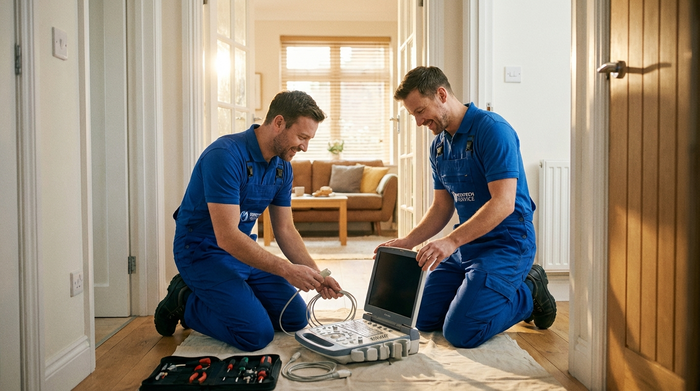 Zwei freundliche Techniker in sauberer blauer Arbeitskleidung bauen sorgfältig ein medizinisches Gerät in einem aufgeräumten, hellen Flur auf. Sie arbeiten konzentriert und professionell in einer einladenden häuslichen Umgebung, während warmes Licht durch die geöffnete Zimmertür fällt.