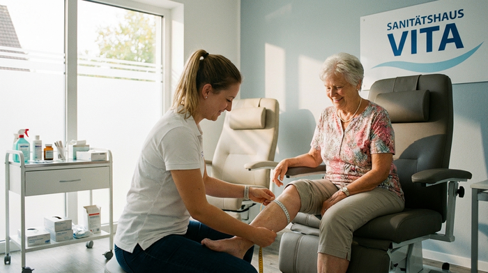 Eine Fachverkäuferin misst morgens mit einem Maßband behutsam den Wadenumfang einer lächelnden Seniorin. Helles Behandlungszimmer in einem modernen Sanitätshaus, vertrauensvolle Atmosphäre.