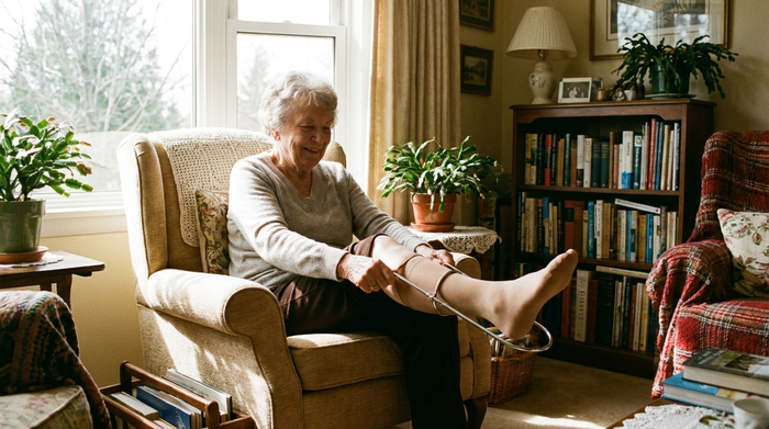 Eine ältere Dame nutzt mühelos eine metallene Anziehhilfe, um in ihren Kompressionsstrumpf zu schlüpfen. Gemütliches Wohnzimmer, helle Morgenbeleuchtung, fotorealistische Szene.
