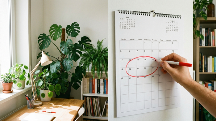 Ein Kalender hängt an einer weißen Wand in einem aufgeräumten Arbeitszimmer. Eine Hand kreist mit einem roten Stift einen Zeitraum von vier Wochen ein. Im Hintergrund stehen grüne Zimmerpflanzen.