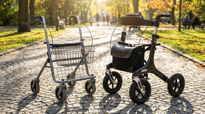 Zwei unterschiedliche Rollatoren stehen auf einem gepflasterten Weg in einem sonnigen Park. Ein einfaches Modell aus Metall und ein elegantes Premium-Modell aus dunklem Carbon.