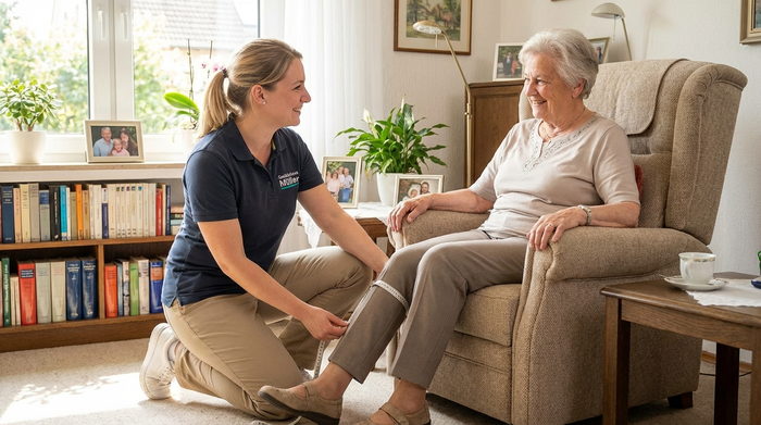 Eine Mitarbeiterin im Sanitätshaus-Outfit kniet in einem Wohnzimmer und misst mit einem Maßband das Bein einer älteren Dame. Beide wirken entspannt und freundlich.