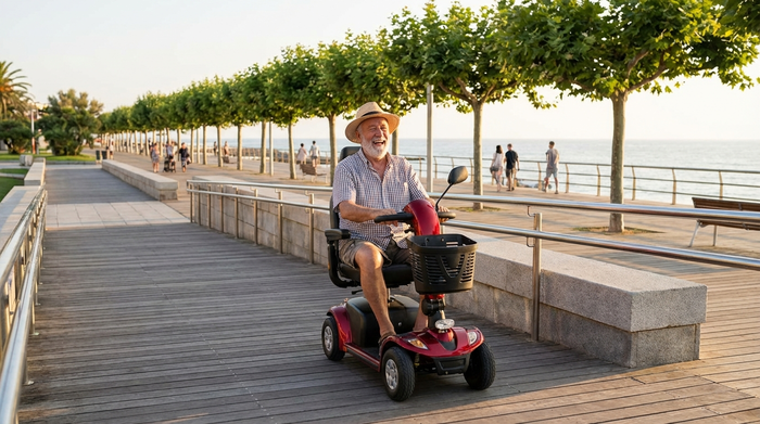 Ein fröhlicher älterer Herr fährt mit einem roten Elektromobil über eine barrierefreie Promenade an einem sonnigen Nachmittag. Im Hintergrund sind gepflegte Bäume zu sehen.