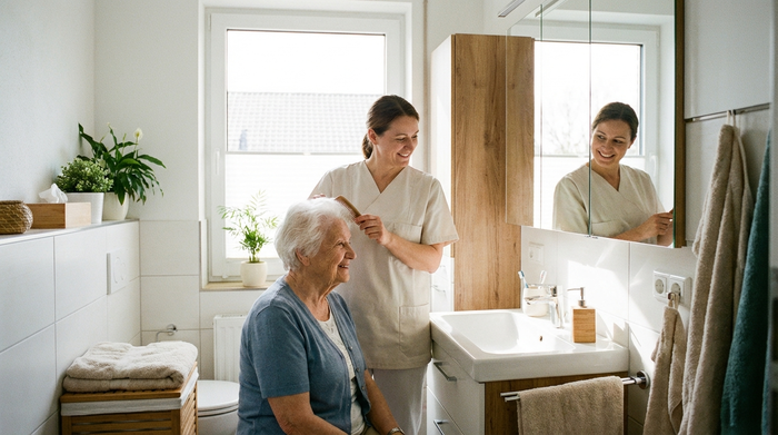 Eine ältere Dame wird von einer liebevollen Pflegekraft beim Kämmen der Haare im hellen Badezimmer unterstützt. Respektvoller Umgang, saubere Umgebung, realistische Fotografie ohne Text.