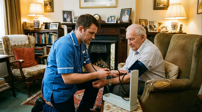 Ein männlicher Pfleger misst den Blutdruck eines älteren Herrn im gemütlichen Wohnzimmer. Konzentrierte, medizinische Atmosphäre, warme Farben, realistische Darstellung ohne Text.