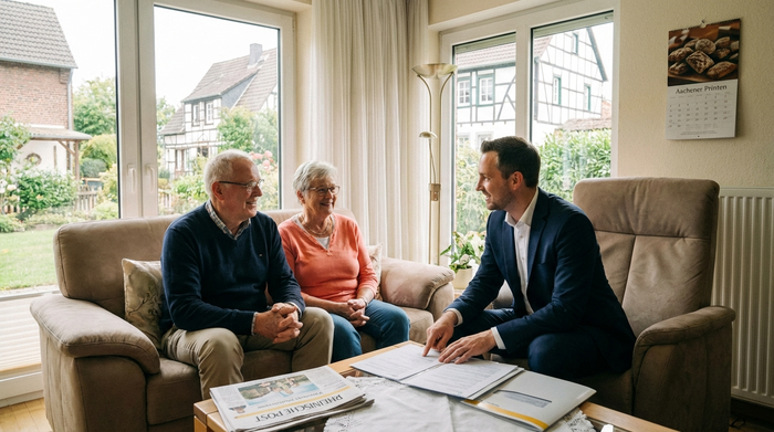 Ein älteres Ehepaar sitzt mit einem freundlichen Berater auf dem Sofa und bespricht entspannt Unterlagen. Helle, freundliche Wohnatmosphäre in einem Wohnzimmer in Nordrhein-Westfalen.