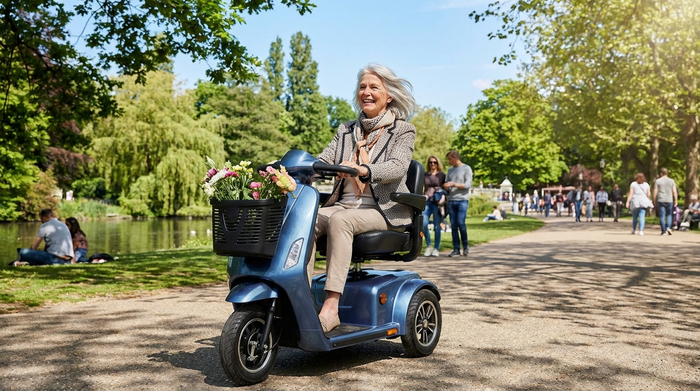 Eine rüstige Seniorin fährt mit einem modernen Elektromobil durch einen grünen Park an einem sonnigen Tag. Sie lächelt entspannt und genießt die frische Luft.