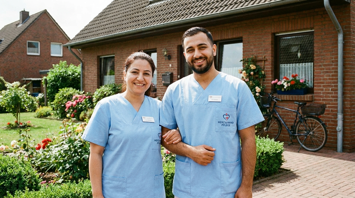 Zwei Pflegekräfte stehen lächelnd vor einem typischen gepflegten Wohnhaus. Sie tragen professionelle hellblaue Kleidung und strahlen Vertrauen und Zuverlässigkeit aus.
