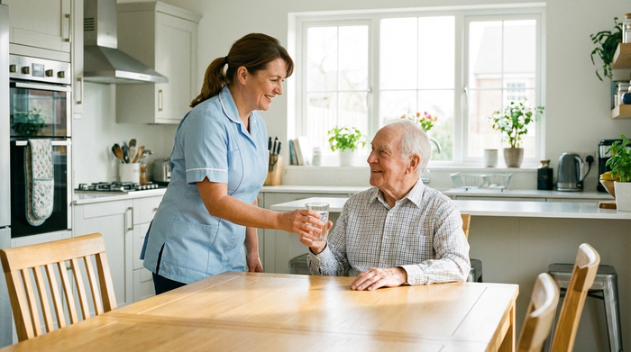 Eine freundliche Pflegekraft reicht einem älteren Herrn ein Glas Wasser an einem hellen Esstisch. Im Hintergrund eine aufgeräumte Küche. Realistische, saubere Umgebung, natürliche Beleuchtung.