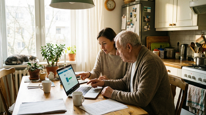 Eine erwachsene Tochter und ihr älterer Vater sitzen gemeinsam am Laptop am Küchentisch und besprechen konzentriert Informationen. Helles Tageslicht, gemütliche Wohnatmosphäre, keine sichtbaren Texte auf dem Bildschirm.