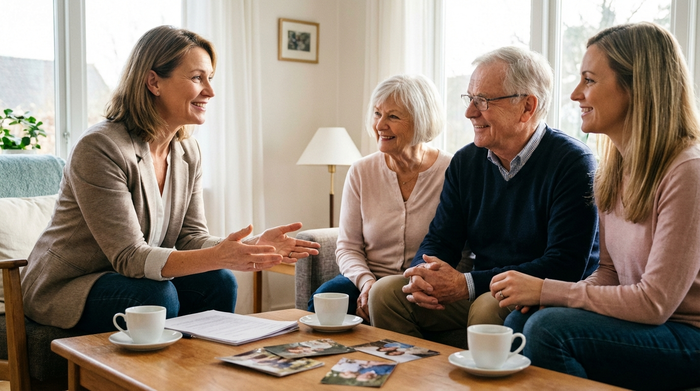 Eine erfahrene Pflegedienstleitung im Gespräch mit einer Seniorenfamilie im heimischen Wohnzimmer. Offene Körpersprache, freundliches Lächeln, eine Tasse Kaffee auf dem Tisch. Professionell und vertrauensvoll.