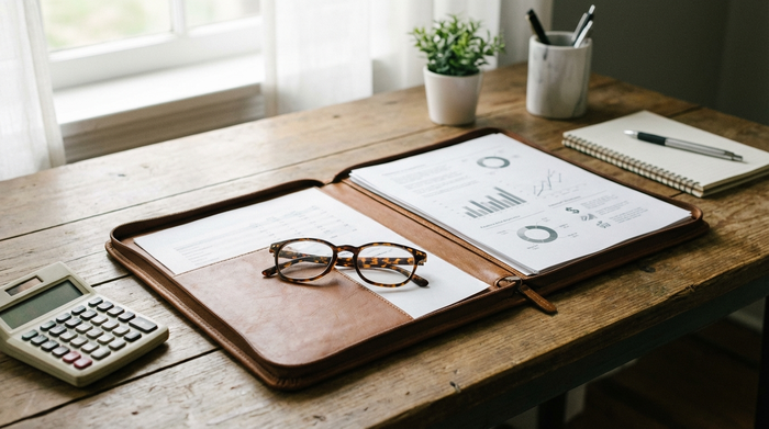 Eine geöffnete Dokumentenmappe, ein Taschenrechner und eine Brille auf einem ordentlichen Holzschreibtisch. Weiches Licht fällt durch das Fenster. Symbolbild für Organisation und Finanzen, keine lesbaren Dokumente.