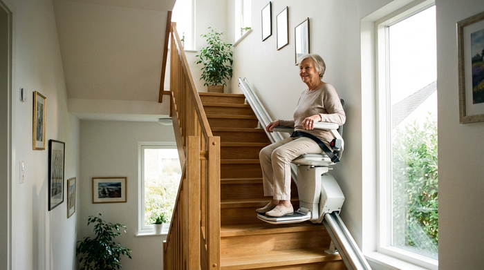 Ein moderner, sicherer Treppenlift in einem gepflegten Einfamilienhaus. Eine ältere Dame fährt entspannt und sicher die Holztreppe hinauf. Helles Treppenhaus, realistische und saubere Darstellung.