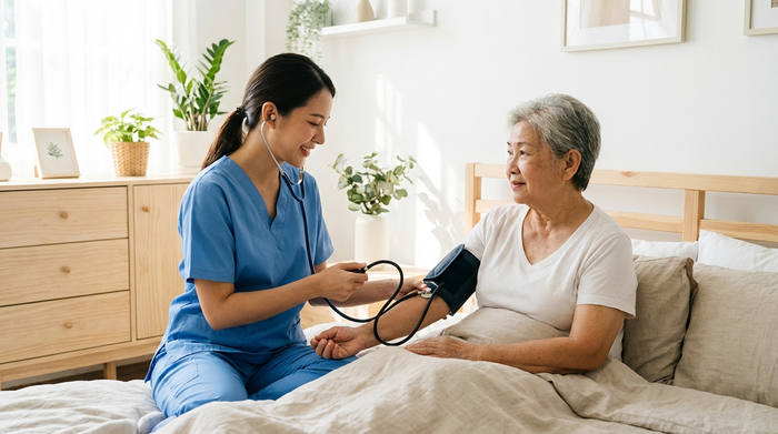 Eine professionelle Pflegekraft in blauer Dienstkleidung misst bei einer älteren Dame im hellen Schlafzimmer behutsam den Blutdruck. Respektvoller Umgang, saubere Umgebung.